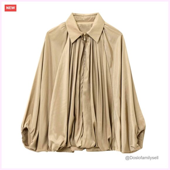 Oversized Puffed Bomber Jacket with Batwing Sleeves Lapel Collar Zip Front